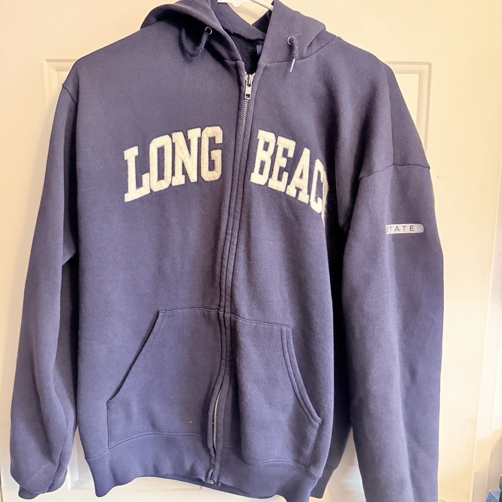 Vintage 90s Y2K JanSport Long Beach California Zip Up Hoodie Size M Navy Faded